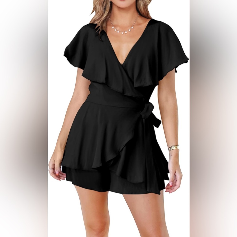 American Threads Black Ruffled Backless Wrap Short Romper | Size M